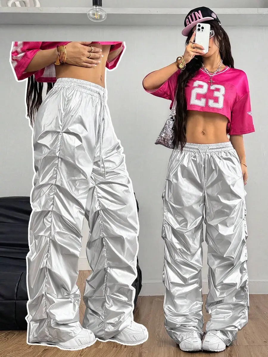LUNA LAYER Womens Y2K Silver PU Coated Parachute Pants Wide Leg High Waist Drawstring