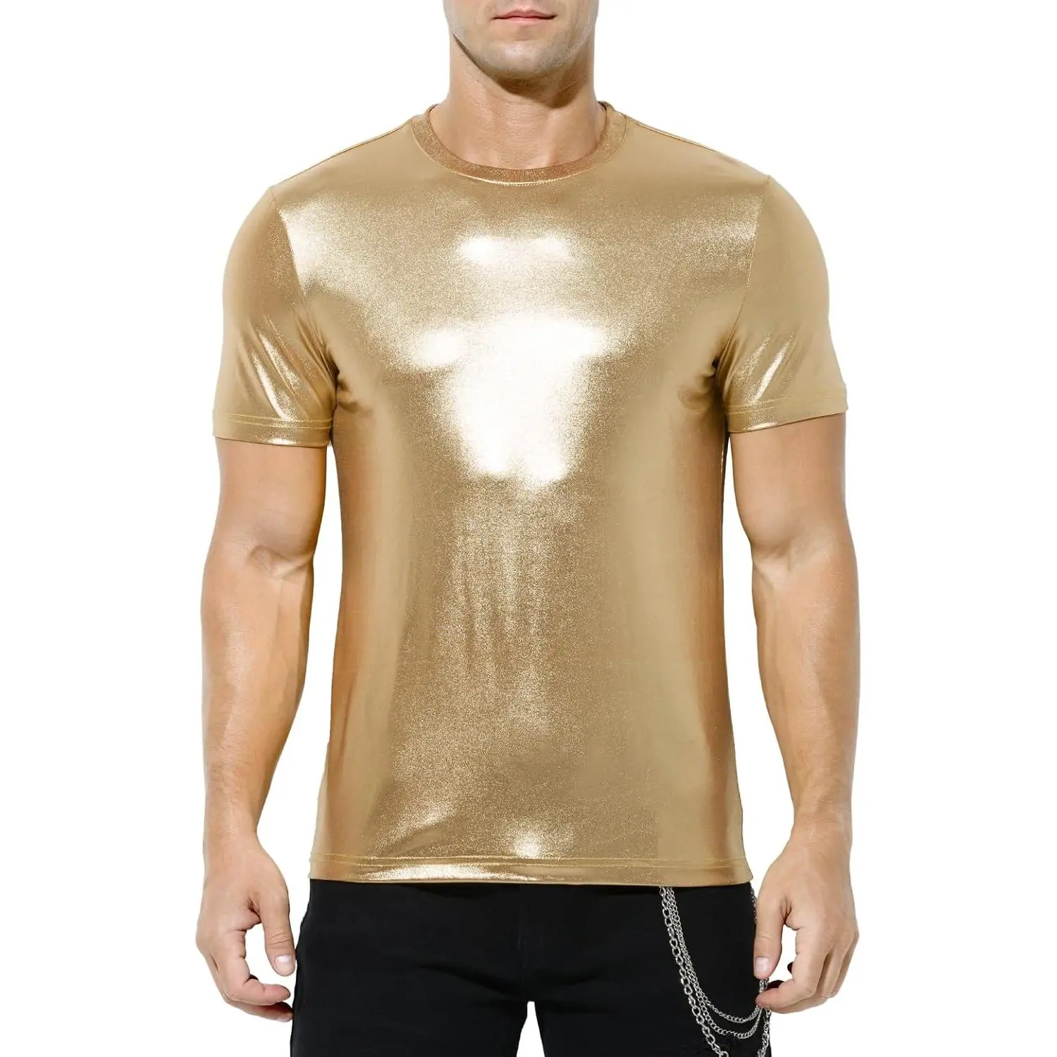 Men's Shiny Metallic Sequin Short-Sleeve Loose-Fitting Tee, High Elastic Party Wear Top for Disco Parties, Soft Menswear High Elastic Undershirt