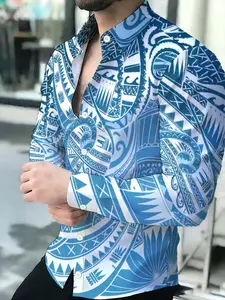 Light Blue Base with Tribal Totem All-Over Print Men's Polynesian Shirt