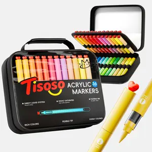 Tisoso 36 Colors Acrylic Paint Markers Markers Set (Painting Bag), Waterproof Flexible Tip Acrylic Markers, Premium Paint Pens for Various Surfaces, Markers for Coloring,  Art Supplies, Sketchbook, Painting 3D, Rock, Canvas, Ceramic, Glass, Wood