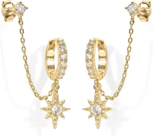 14K Gold Plated Double Piercing Star Chain Earrings for Women | Celestial Cubic Zirconia Huggie Hoops & Stud Set | Dainty Hypoallergenic Jewelry Gift | Trendy Ear Stacking Aesthetic 2026