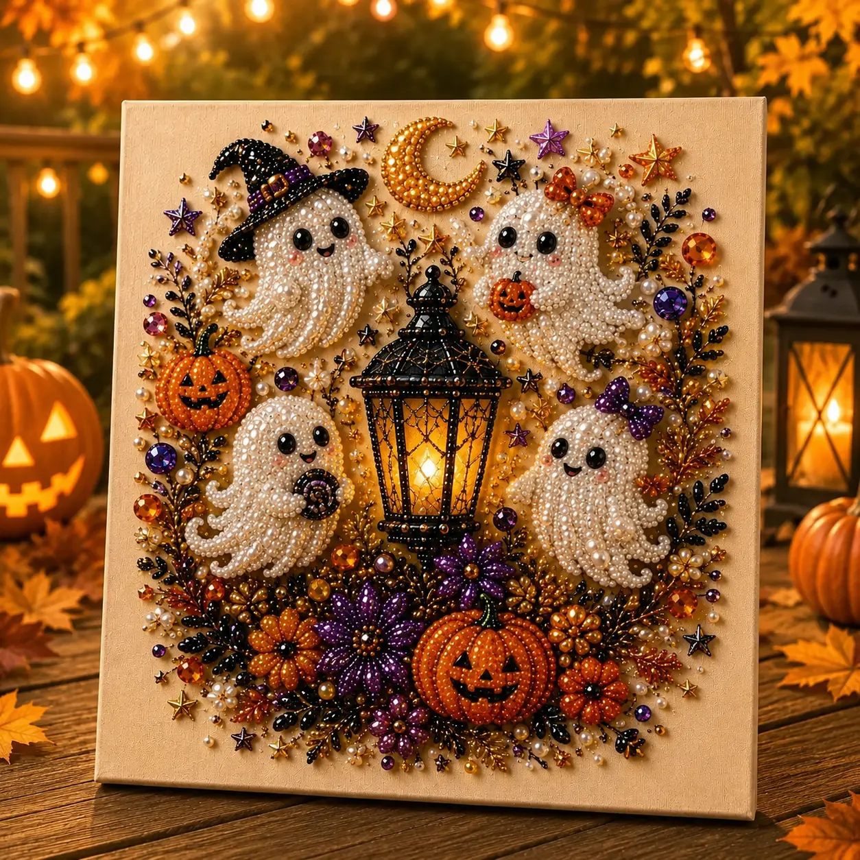 Spooky Cute Ghost Themed Pearl 3D Diamond Painting DIY Kit, Multipurpose Fall Season Handicraft Set, Beautiful Wall Art Furnishing Accessory for Household Indoor Decoration & Holiday Party Present