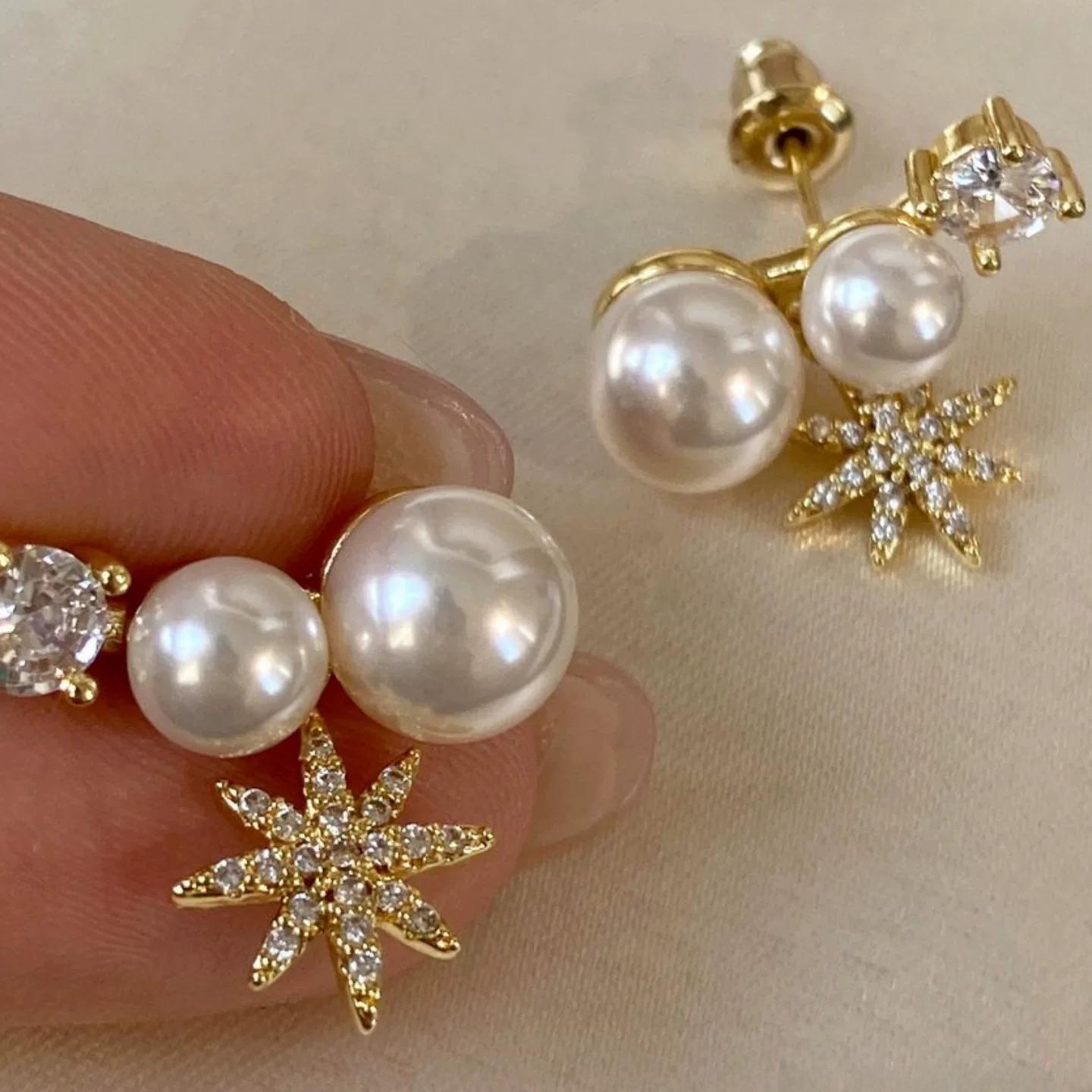 Sparkling Zircon Octagram Pearl Earrings Light Luxury High-End Jewelry Gift shell pearl