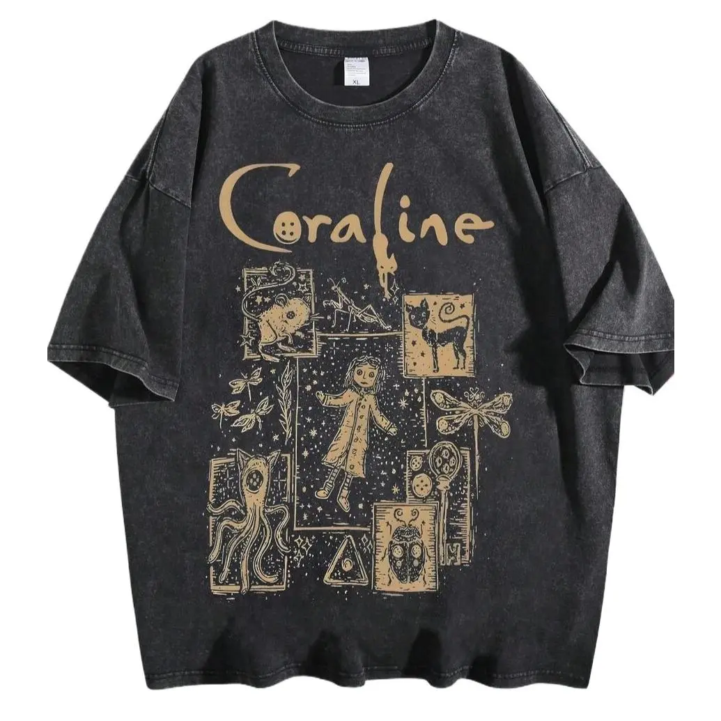 Unisex Retro Washed Black Menswear T-Shirt - Vintage Dark Fairy Tale Graphic Print, Casual Round Neck Short Sleeve, Witchy Aesthetic Casual Fashion Tee, Shortsleeve, Tshirt