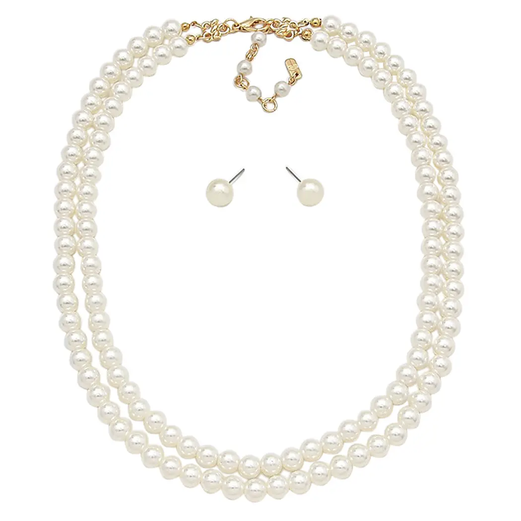 Stunning Classic Double Strand Of Simulated Pearls Necklace And Earring Gift Set, 20"+2.5" Extender