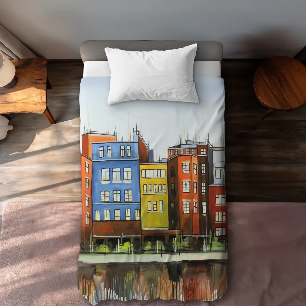 Begin Home Decor C1DCTXLWOF7BM0 Boston Colorful Buildings Twin Size Extra Long Duvet Cover - Illustrative Home Decor