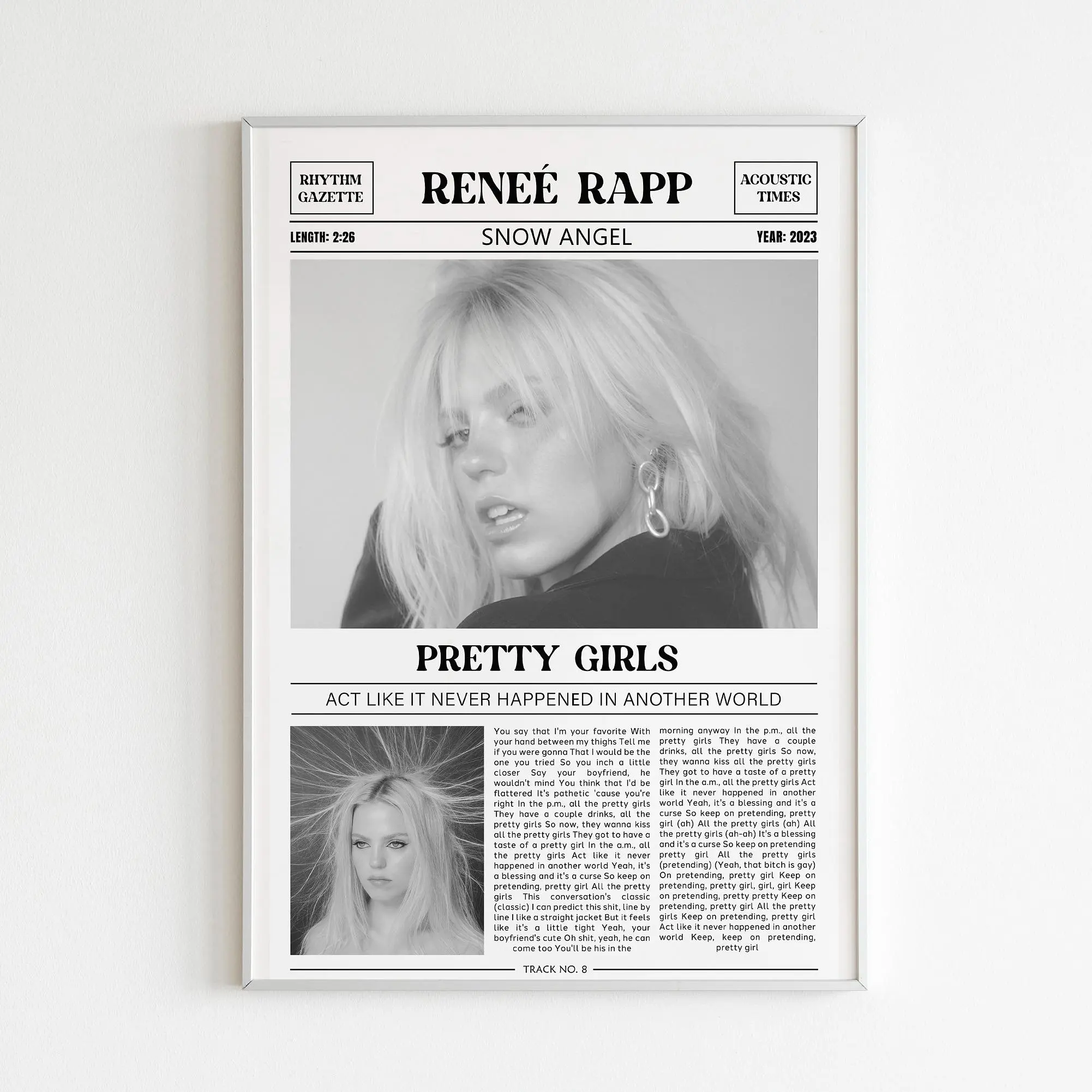 Renee Rapp Retro Newspaper Print / Pretty Girls Poster No Frame / Lyrics Print / Snow Angel Poster / Renee Rapp Merch / Music Gift