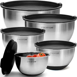 Premium Mixing Bowls With Lids Set, Airtight Lids, Thicker Stainless Steel Mixing Bowl Set, Large Prep Metal Bowls, Nesting Bowls For Kitchen, 1.5/2/3/4/5 Qrt, Black