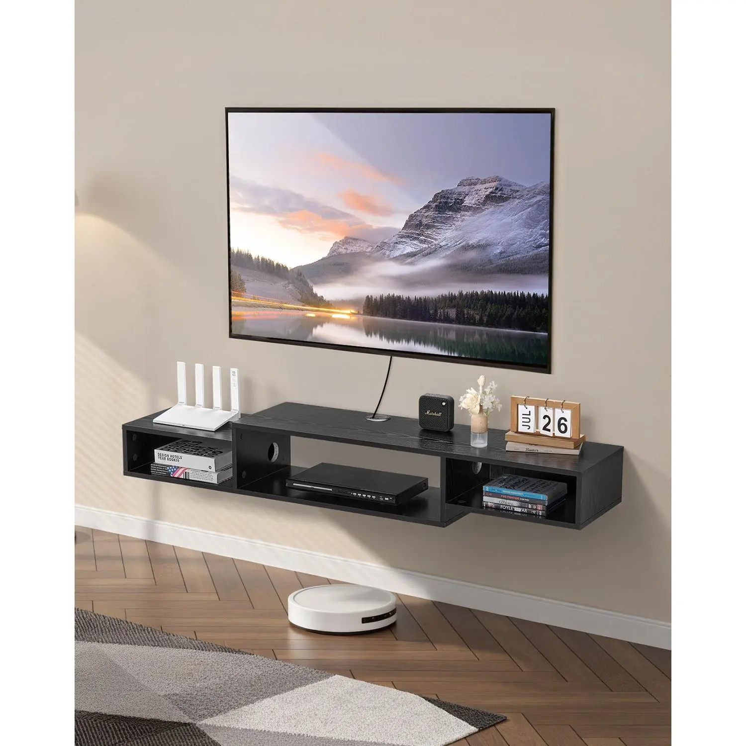 【Summerfinds】VEVOR Floating TV Stand, 59" Wall Mount Entertainment Center with Power Outlet & Cable Hole, Modern Floating TV Shelf with Storage Cabinet for DVD Player, Cable Box, Game Console, TV Accessory, Black Furniture