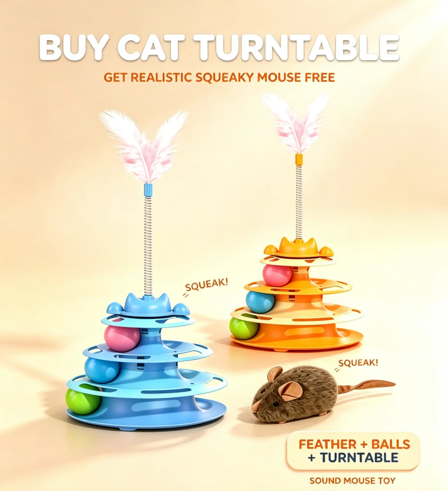 Interactive Cat Turntable & Squeaking Mouse Toy Combo Set - Self-Entertaining Rolling Ball, Prey Simulator for Indoor Cats, Kittens