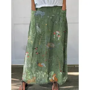 Women’s long skirt with animal and plant print and pockets, boho hippie style, casual fashion cocktail skirt for daily wear and holidays/vacations, ladies’ bottoms for all seasons GARMENTARY