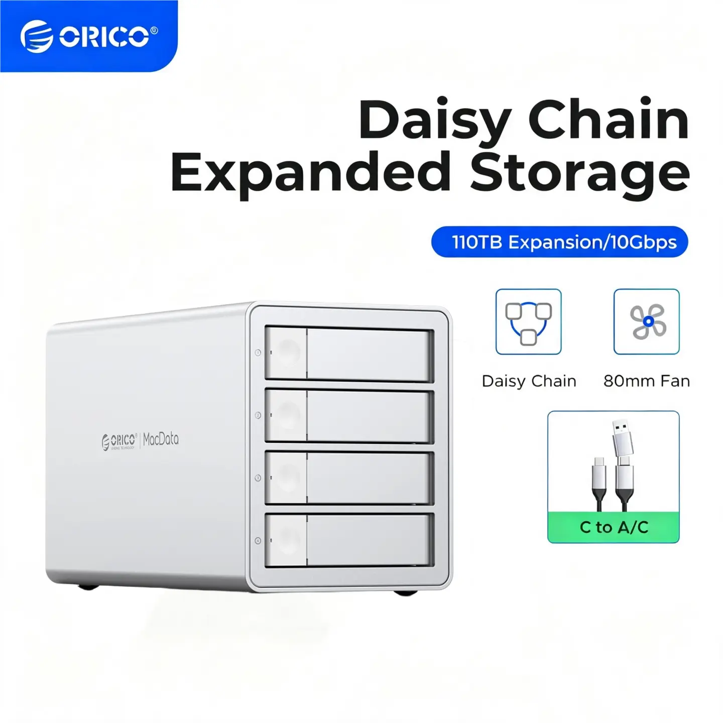 ORICO 4 Bay Hard Drive Enclosure, USB 3.2 Gen 2 10Gbps DAS, Supports 3.5 inch HDD & 2.5 inch SSD/HDD, Daisy Chain Expansion up to 264TB, Built-in 150W Power Supply, Aluminum External Storage - 9948C3