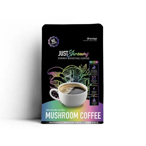 Just Move Supplements Just Shrooms Organic Vegan Functional Mushroom Coffee - Arabica Instant, Lion's Mane, Shiitake, Cordyceps, King Trumpet, Chaga, Cinnamon, 1mg Caffeine, 30 Servings, Sugar-Free, Gluten-Free, Focus & Gut Health Support