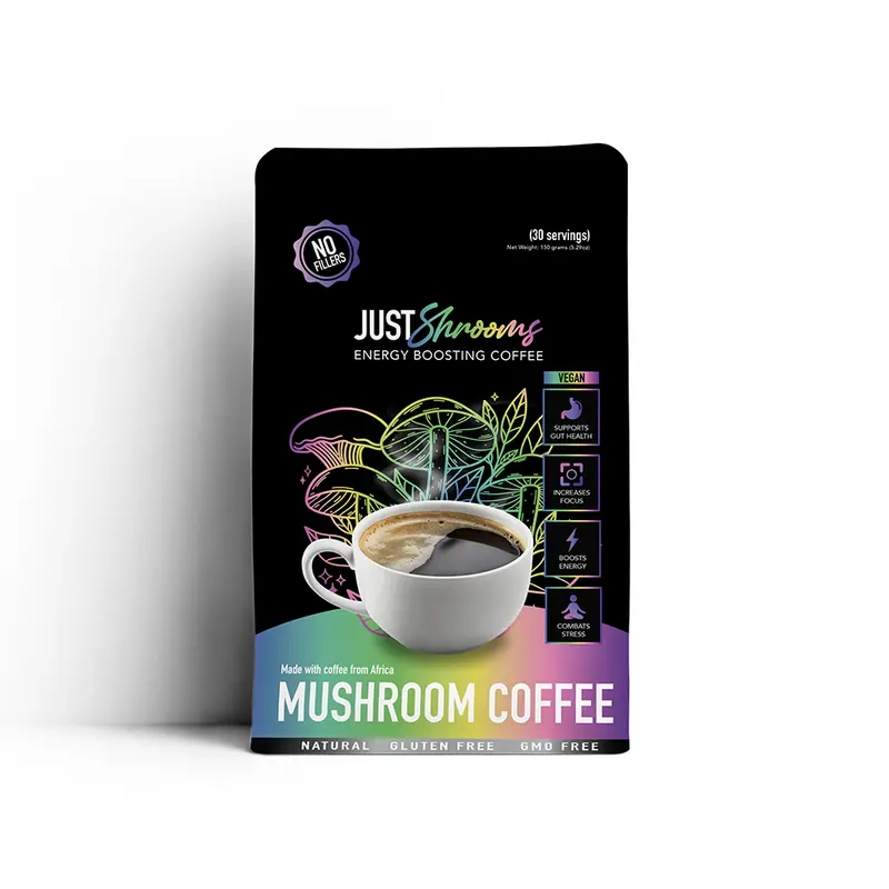 Just Move Supplements Just Shrooms Organic Vegan Functional Mushroom Coffee - Arabica Instant, Lion's Mane, Shiitake, Cordyceps, King Trumpet, Chaga, Cinnamon, 1mg Caffeine, 30 Servings, Sugar-Free, Gluten-Free, Focus & Gut Health Support