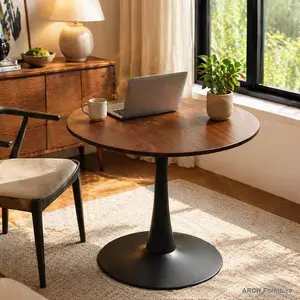 24-In Walnut Arch Tulip Round Table - Modern Mid-Century Indoor Living Room Tables, MDF Top, Sturdy Steel Frame, Easy Setup, Versatile for Dining Room Use