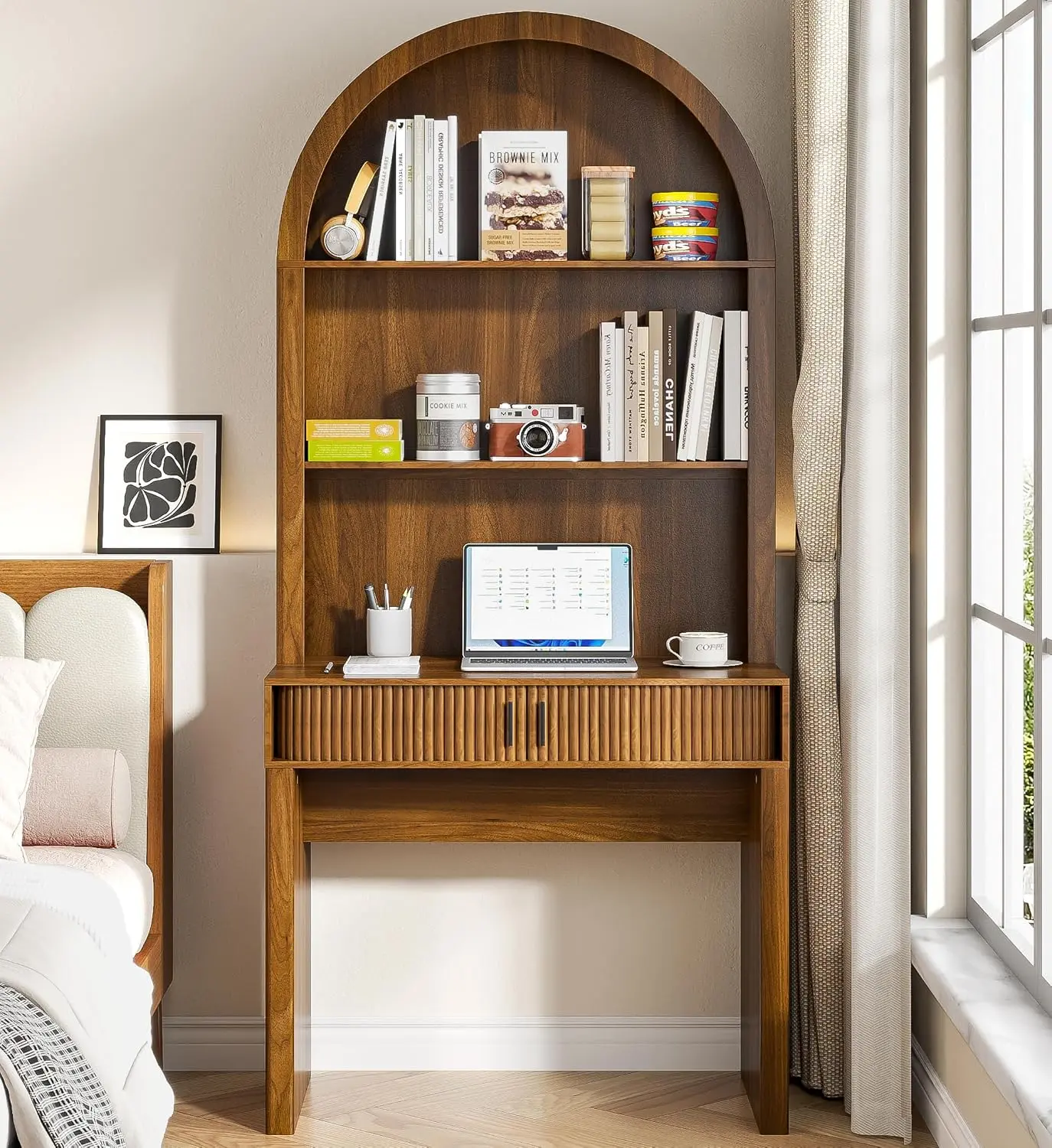 75'' Arched Computer Desk with Hutch, Home Office Desk, Walnut | Fluted Sliding Doors Storage, Modern Writing Desk with Adjustable Open Shelf, Computer Work Study Table for Bedroom,Apartment
