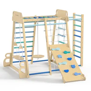 BlueWood Indoor Jungle Gym for Kids 2+, Montessori Playset with Swings, Climbing Ladders, Rock Wall, Slide, and Monkey Bars – Safari Land Series Baby Gym for Home, Sensory Play, Motor Skills & STEAM Learning in Gradient Blue Color