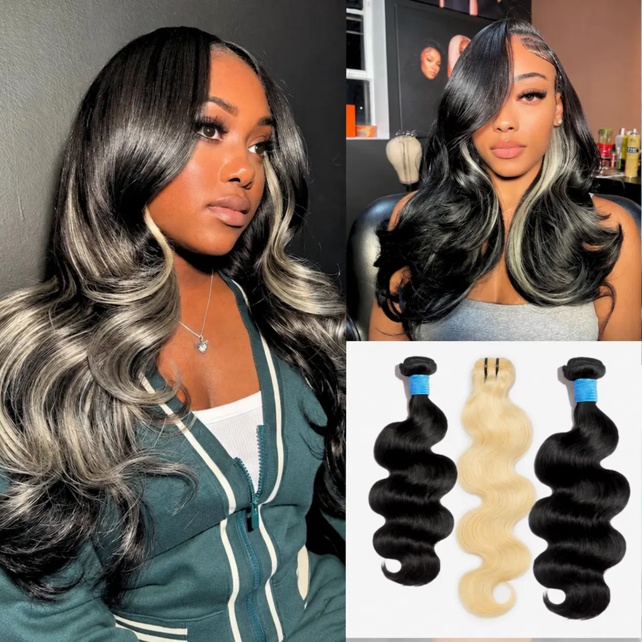 [Ashine] 12A 1B/613 T1B/P4/27 Peekaboo Highlight Human Hair Bundles 100% Virgin Vietnamese Hair Tangle-Free, No Shedding, Can Be Dyed & Styled