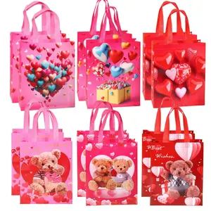 12 Pcs Valentine's Day Gift Bags, Non-Woven Tote Bags with Heart & Balloon Bear Print, Cute Pink Cartoon Shopping Bags for Valentine Party Favors, School, Mall Events, Reusable Gift Bag