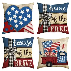 4PCS Freedom Home Truck Striped Pillow Cover, Buffalo Plaid Bow Pattern Patriotic Sofa Cushion Cover for Independence Day and Memorial Day