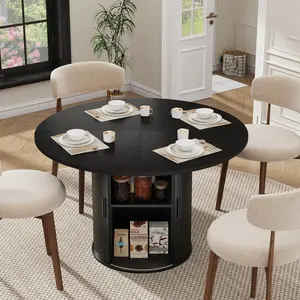 Garvee 47-Inch Round Dining Table for 4-6 with 2-Tier Hidden Storage Shelf and Sliding Wood Door, Versatile Kitchen & Dining Room Table Available in Black, Natural, and Walnut Finishes