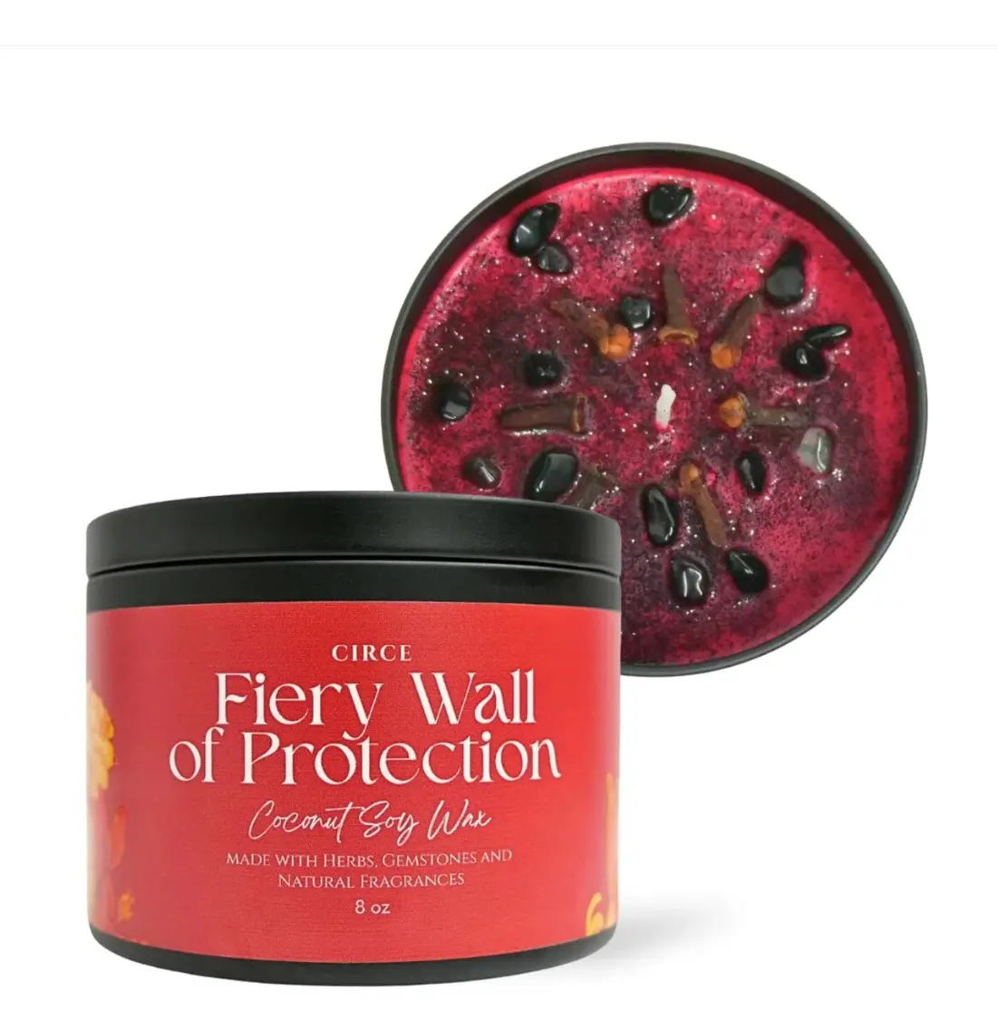 Circe Boutique Fiery Wall of Protection Ritual Candle 8 oz | Crystal & Herb Infused Spell Candle with Black Obsidian & Cedarwood | Coconut Soy Wax, 50hr Burn