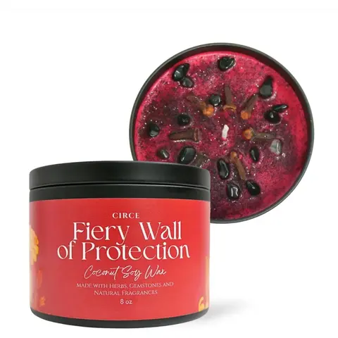 Circe Boutique Fiery Wall of Protection Spell Candle 8 oz | Black Obsidian Crystal & Clove Herb Infused Ritual Candle | Cedarwood Scented Coconut Soy Wax, Cotton Wick, 50-Hour Burn
