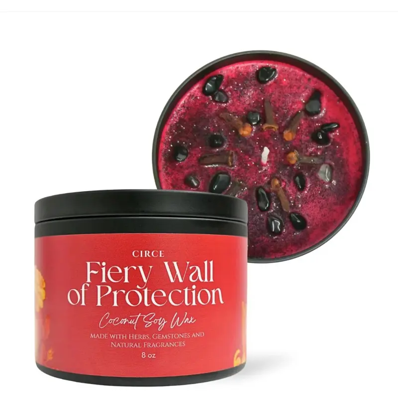 Circe Boutique Fiery Wall of Protection Spell Candle 8 oz | Black Obsidian Crystal & Clove Herb Infused Ritual Candle | Cedarwood Scented Coconut Soy Wax, Cotton Wick, 50-Hour Burn