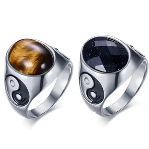 OIDEA Bagua Yin Yang Tiger's Eye Blue Sandstone Stainless Steel Men's Ring Wide Band