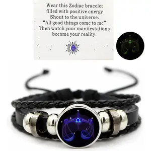Zodiac Signs Spirit Bracelet for Women Men Adjustable 12 Constellation Multilayer Black Leather Hypoallergenic Libra Constellation Bracelet
