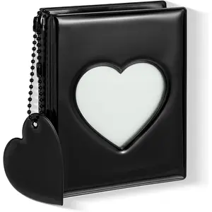 Mini Photocard Binder, 3 Inch Black Mini Photo Album Heart Hollow Card Binders with 32 Pockets Mirror-Like Photocard Binder with Pendant