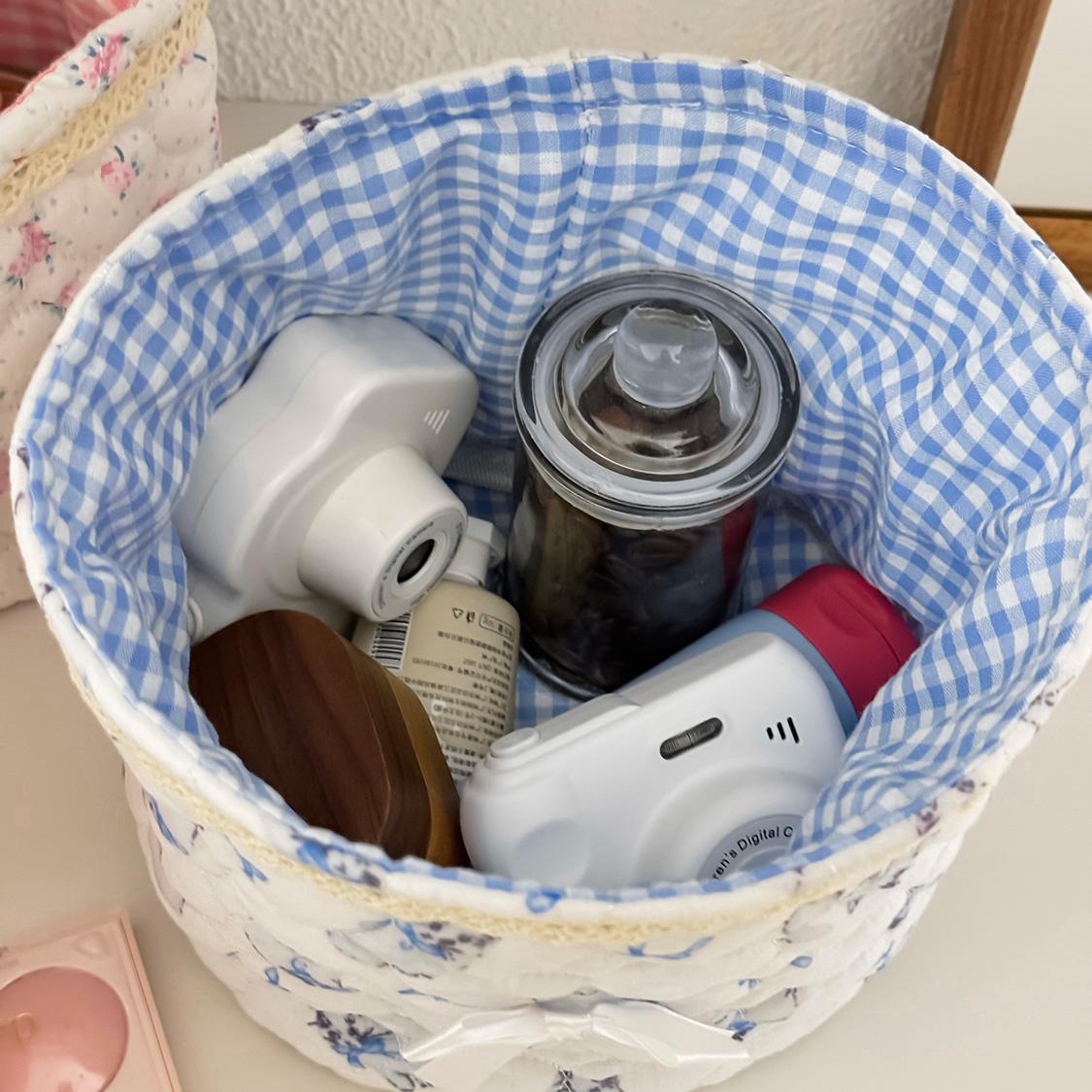 Round storage basket with bow heart patchwork design, plaid lining fabric storage basket, girly desktop organizer