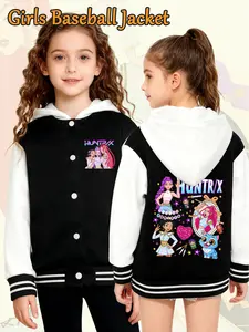 Girls' K-Pop Demon Hunters Hooded Baseball Jacket, Cartoon Huntrix Print, Long Sleeve Casual, Spring & Fall Fashion