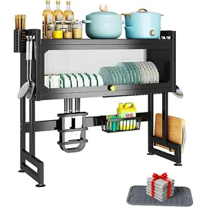 Over The Sink Dish Drying Rack with Cover 2 - Tier Large Dish Drainer Racks for Counter Saving Sink Organizer for Dishes,, & Cutlery Black