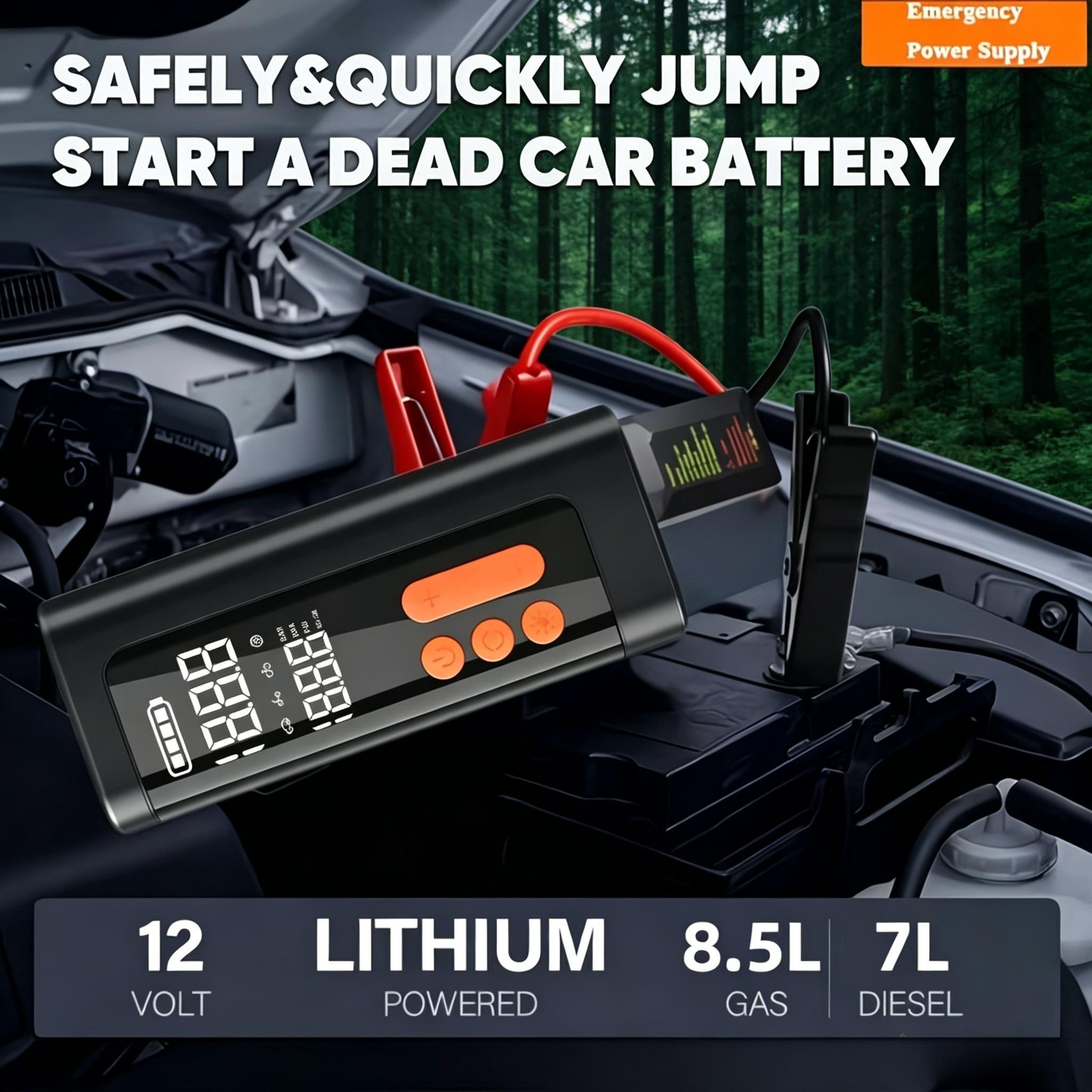 Portable Automotive Handheld Car Jump Starter with Air Compressor, Battery Booster, Tire Inflator Pump, USB Power Bank, LED Flashlight – Travel Size Emergency Kit for Truck Accessories, SUV, Motorcycle