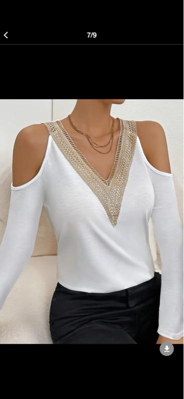 Elegant Black Cold Shoulder Top with Intricate Lace V-Neck Design for Women