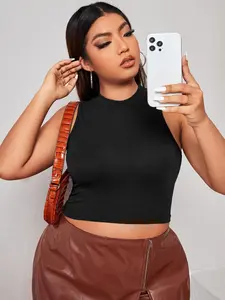 Plus Size Solid Mock Neck Crop Tank Top, Casual Basic Sleeveless Cropped Top for Summer, Women's Plus Clothing for Daily Wear, Fitted Solid Sleeveless, Casual Chic Sleeveless