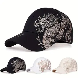 Stylish Men's Dragon Print Baseball Cap – Adjustable Breathable Sun-Protective Hat with Embroidered Design, Lightweight Comfortable Headwear for Outdoor Sports, Hiking, Travel, and Casual Streetwear style denim Black Flatbill beret men embroider knit