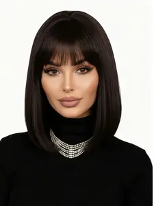 Black wig With fringe and straight silhouette Adjustable rose net cap Synthetic high-temperature resistant fibers Suitable for daily wear, role-playing, and party gatherings - 12 inches