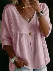 Summer Essential Plain Cotton Linen Texture V-Neck Lace Trim Loose Slimming Three-Quarter Sleeve T-Shirt, Comfortable and Stylish Top