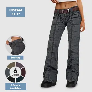 Flamingals Women's Solid Stitch Detail Mid Rise Straight Leg Cargo Pants High Stretch Fabric 31.1" Inseam Machine Washable Modern Essential Trousers