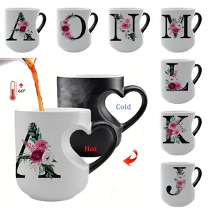 1pc Black Letter Floral A-Z Print Coffee Mug, Pink Floral, Alphabet Ceramic Coffee Mug, Ceramic Printed Drinkware, Women's Birthday Gift, Mom, Best Friend, Bride, Bridesmaid Gift, Mother's Day Gift 11oz