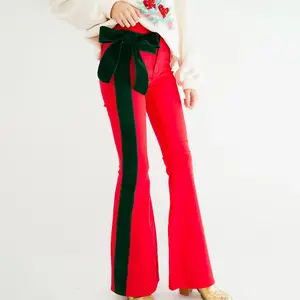 Women's Color Block Flare Pants with Big Bow Belt - Retro 70s Style Bell Bottoms, Christmas Outfit Multiple Color Options for Festive & Casual Wear ﻿S-XL