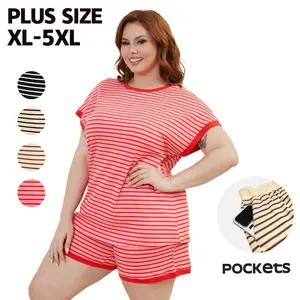 【PlusSize】Women's Cotton Pajama Sets 2-Piece Lounge Set, Stripe Short Sleeve Comfy Pj Set, Spring/Summer Loungewear Sleepwear with Pockets, Women's Loose Shortsleeve Casual Medium Homewear| plus size fashion