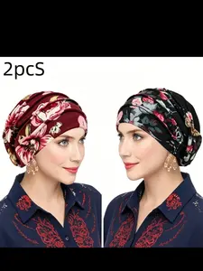 2-Pack Printed Loose Headscarf Hats, Women's Brushed Fabric Chemotherapy Accessories, Ethnic Floral Leopard Knit Caps, Turban Hijab