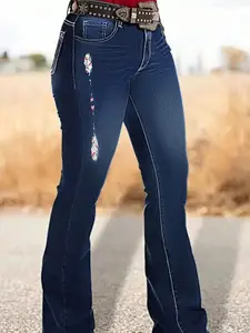 [Plus Size] Feather Embroidery Flare Leg Dark Wash Jeans, Casual Comfy Denim Pants for Daily Wear, Women's Bottoms for All Seasons