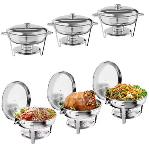 GARVEE 5QT Round Stainless Steel Chafing Dish Buffet Set - Ideal for Catering and Parties, Available in 2, 4, or 6 Pack Options with Food & Water Pan, Lid, Frame, and Fuel Holder for Convenient Serving.