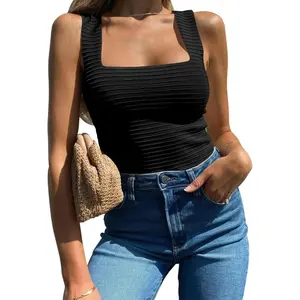 Womens Ribbed Tank Tops 2025 Summer Sleeveless Square Neck Shirts Casual Slim Fitted Knit Shirts for Beach & Workout Premium Fabric Low-Cut Square Neck Sleeveless Design