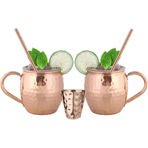 Moscow Mule Copper Mugs - Set of 2,  HANDCRAFTED -  Safe Pure Copper Solid Mugs - 16 oz  Set with   Straws  Shot Glass!