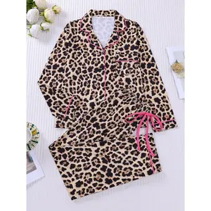 Two piece leopard print set, paired with pink long sleeved pants, soft and comfortable, skin friendly and smooth. Small pocket, button closure, bow tie, adjustable waistband, suitable for all seasons, home wear, casual pajamasRAIMENTRY